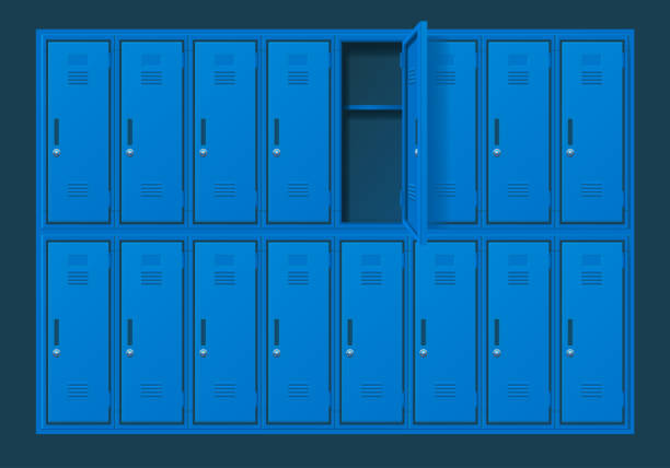 istock Realistic Detailed 3d Blue School Gym Locker or Fitness Boxes with Open Door Set. Vector 1496064843