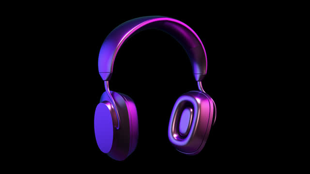3D headphones rotate around axis, accelerate and decelerate towards end of video. Podcast, music listen abstract visualization. Earphones turn around on black background