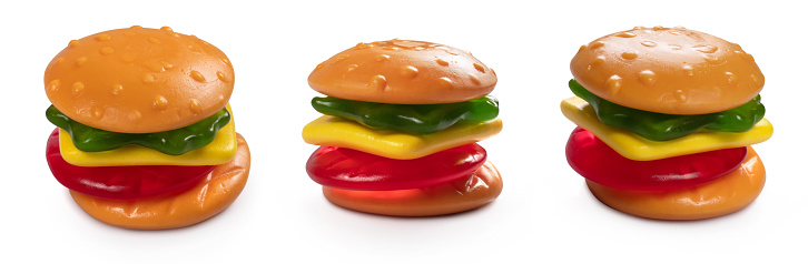 a jelly gummy hamburger isolated over a white background.