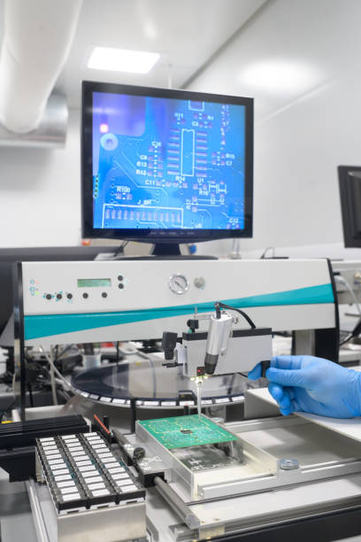 Protective Glove hand Fine tuning PCB Board robotic arm in a cleanroom for satellites, Cape Town, South Africa.