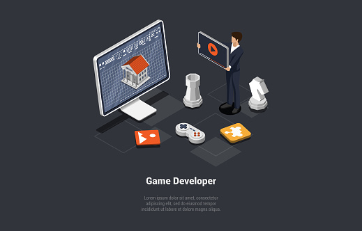 Computer Games Developer Information Concept Of Game Development Gamedev Character In Process Of Create And ...