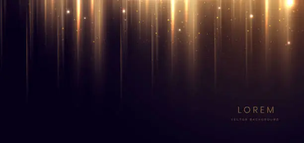 Vector illustration of Abstract glowing gold vertical lighting lines on dark  background with lighting effect and sparkle with copy space for text. Luxury design style.