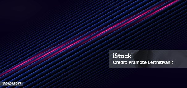 istock Abstract technology futuristic glowing blue and pink light lines with speed motion blur effect on dark blue background. 1496068967