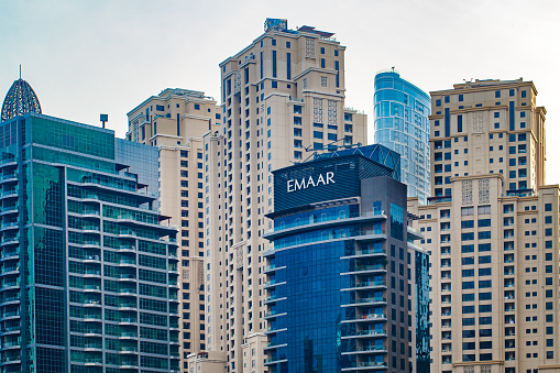 Dubai, UAE  april 12, 2023: Dubai Marina, part of high-rise buildings with balconies close-up, EMAAR