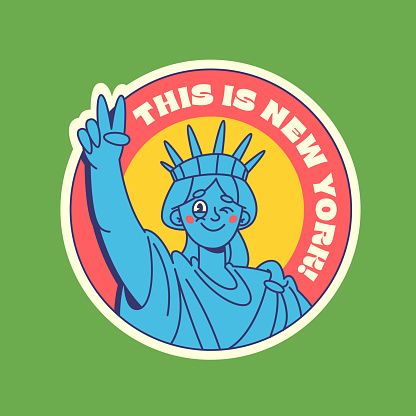 Travel Vector Retro Sticker, Pin, Stamp, Patch. Illustration concept. Trendy Cartoon style of 30s 40s. Around the World collection. New York. Statue of Liberty.