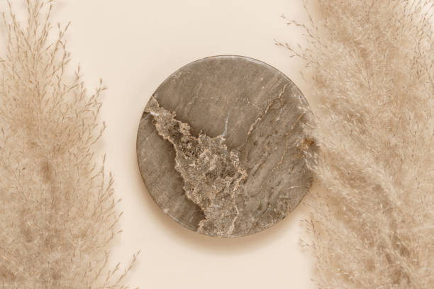 istock Marble background for product presentation with gentle pampas grass, beige tone 1496072834