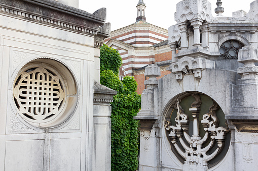 Jewish religious symbols at the Monumental Cemetery of Milan, Italy.