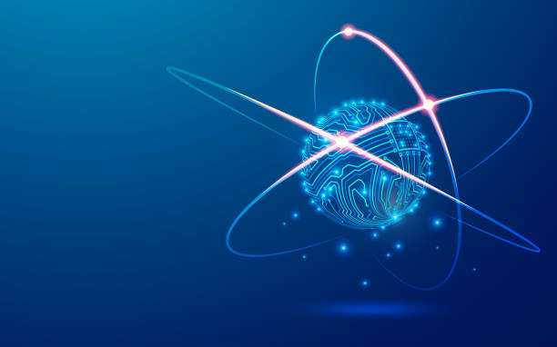 electricAtom concept of futuristic science tech, graphic of atom structure combined with eletronic pattern nuclear fusion atoms stock illustrations