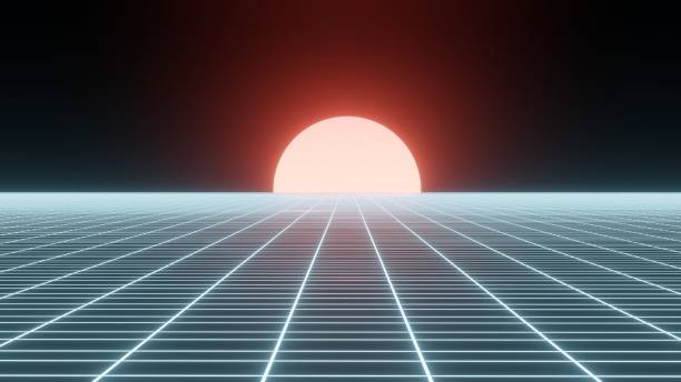 istock Technology background perspective retro grid. Futuristic cyber surface 80s - 90s styls. Blue mesh on a colorful background with the bright sun. Digital space wireframe landscape. 3d rendering. 1496078168