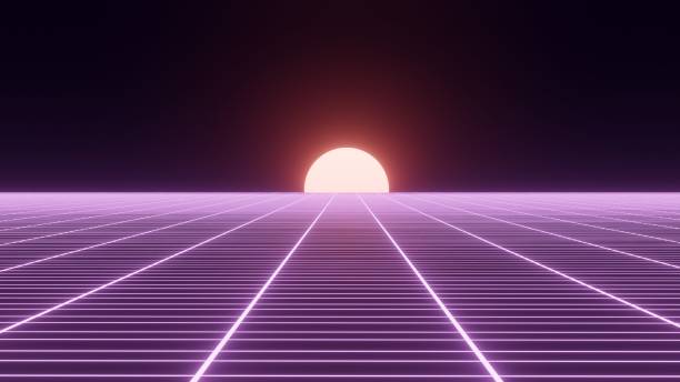 istock Technology background perspective retro grid. Futuristic cyber surface 80s - 90s styls. Pink mesh on a colorful background with the bright sun. Digital space wireframe landscape. 3d rendering. 1496078171