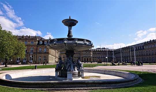 Stuttgart, Germany - April 9, 2023: There are so many fountains in Stuttgart. This famous fountain at Schlossgarten is not starting to work yet, but it is good time to see it's beautiful artistic details and construction.