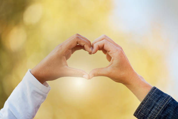 istock Closeup, hands and heart for support, solidarity and community with light, collaboration and commitment. Zoom, couple and sign for love, sunlight and peace with care, romantic and emoji for bonding 1496081631