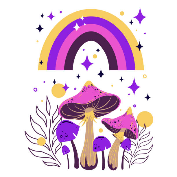 MUSHROOMMATESTOOL COLOR Y.RAINBOW×PURPLE Mushrooms With A Rainbow Stock Illustration - Download Image Now