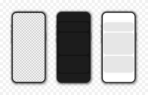Phone vector mockup. Phone mockup. Application template with empty windows, widgets. Empty widgets for text, pictures, buttons. Application interface. Vector.