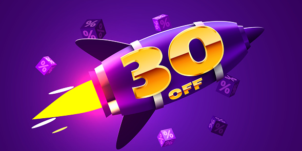 30 percent Off. Discount creative composition with rocket. Mega Sale. Vector illustration.