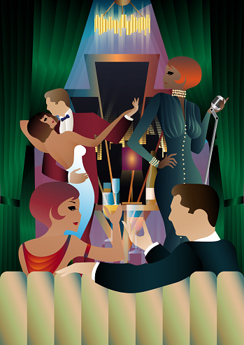 Singer and couple of people dancing in vintage costumes. Retro party in the style of the 1920-1930s. Vector illustration.