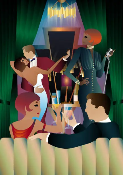 Vector illustration of Singer and people dancing in vintage costumes