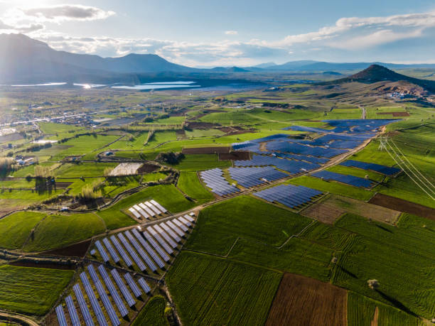istock Massive array of solar panels located in beautiful green fields at sunset. Renewable energy background. Aerial drone point of view 1496088171