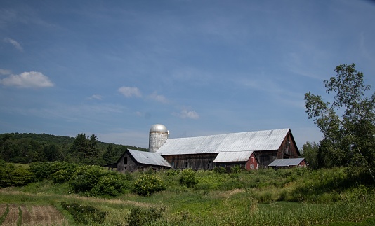 Rustic barn with a shining silver tin roof set against a lush green field