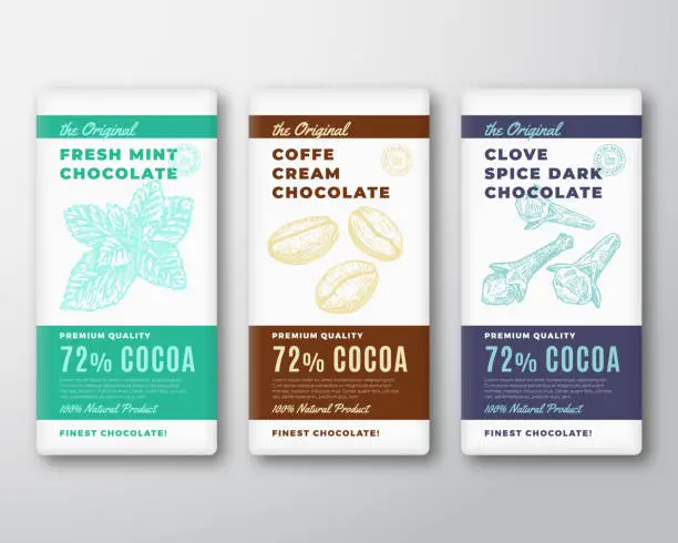 Vector illustration of The Original Finest Chocolate Abstract Vector Packaging Design Labels Set. Modern Typography and Hand Drawn Mint and Coffee Beans with Clove Spice Sketch Silhouette Background Layouts.