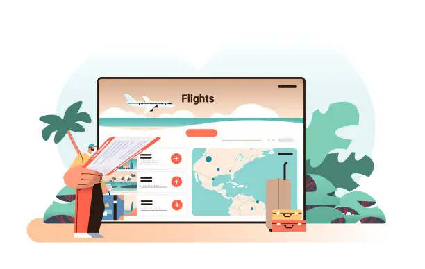 Vector illustration of man looking for available cheapest tickets via mobile app online booking searching for flight service concept
