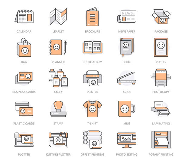 Printing house flat line icons. Print shop equipment - printer, scanner, offset machine, plotter, brochure, stamp. Thin linear signs for polygraphy office, typography. Orange color. Editable stroke Printing house flat line icons. Print shop equipment - printer, scanner, offset machine, plotter, brochure, stamp. Thin linear signs for polygraphy office, typography. Orange color. Editable stroke. orange scrapbook paper stock illustrations