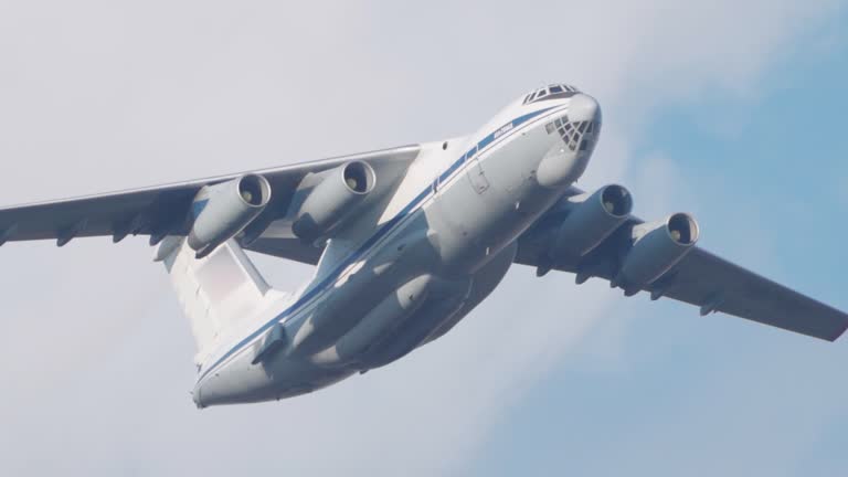 Cargo plane Ilyushin IL76 flies.