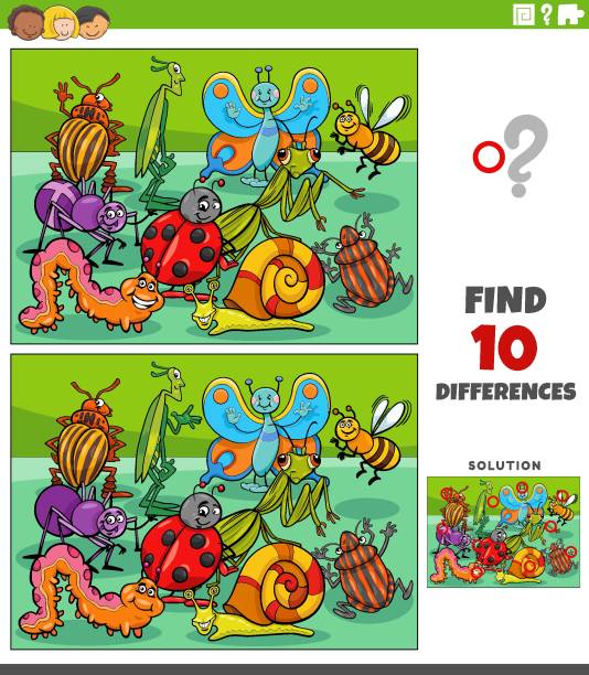 bildbanksillustrationer, clip art samt tecknat material och ikoner med differences game with cartoon insects characters group - pentatomidae