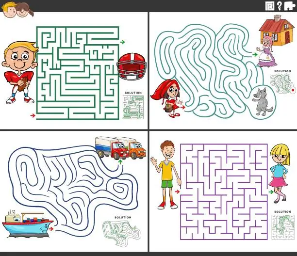 Vector illustration of maze activity games set with cartoon characters