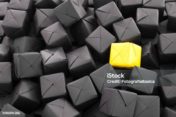 Lonely Yellow Cube Stock Photo - Download Image Now - Repetition, Identity, Origami