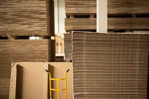 Large quantities of cardboard in a warehouse