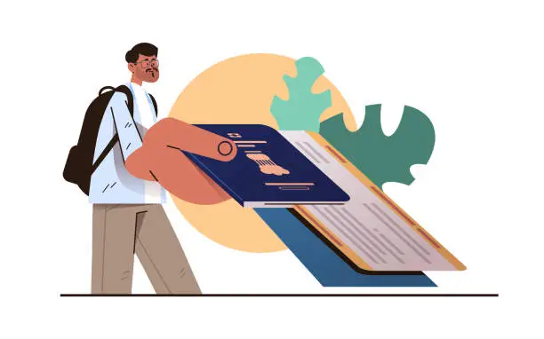 Vector illustration of indian man tourist holding passport with boarding pass or flight ticket guy giving documents allowing to travel