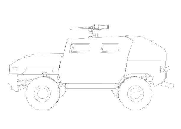 illustrazioni stock, clip art, cartoni animati e icone di tendenza di trasporto di camion dell'esercito per l'illustrazione del disegno vettoriale dell'operazione di guerra. camion nel deserto. auto blindata leggera. delineare suv militare. fuoristrada. immagine vettoriale per stampe, poster e illustrazioni. - mud tire road sign