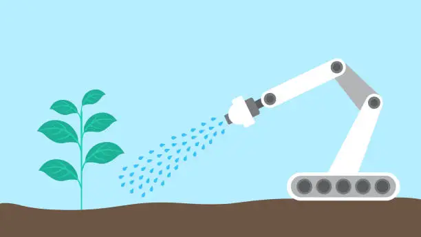 Vector illustration of Smart Farming And Automatic Agricultural Technology With Robot Arm Watering Seedling In The Farm