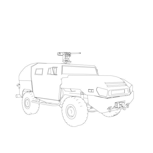 illustrazioni stock, clip art, cartoni animati e icone di tendenza di trasporto di camion dell'esercito per l'illustrazione del disegno vettoriale dell'operazione di guerra. camion nel deserto. auto blindata leggera. delineare suv militare. fuoristrada. immagine vettoriale per stampe, poster e illustrazioni. - mud tire road sign