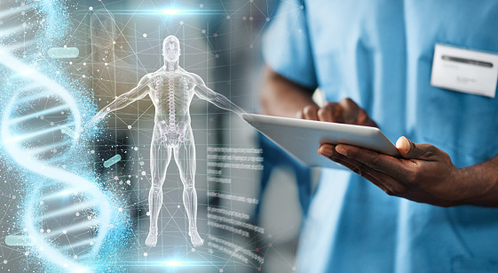 Hands, tablet and doctor with body hologram, overlay and dna research for medical innovation on app. Medic man, nurse and mobile touchscreen for typing on anatomy study or 3d holographic ux in clinic