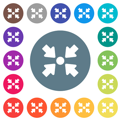 Centering object solid flat white icons on round color backgrounds. 17 background color variations are included.