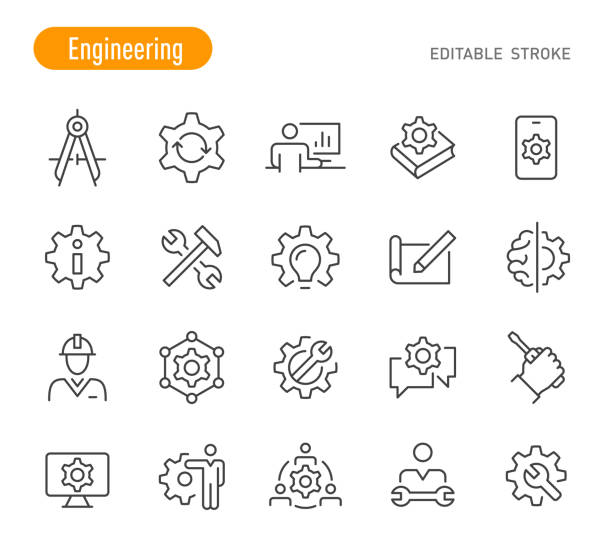 ikony inżynierskie - seria liniowa - edytowalny obrys - technician computer repairing wrench stock illustrations