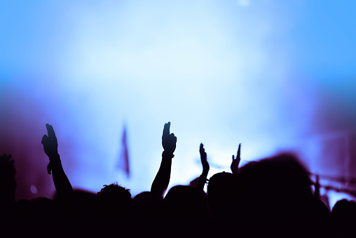 Crowd of people with outstretched arms on a concert