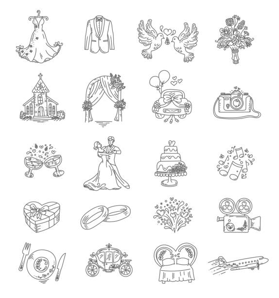 kolekcja pięknych wektorowych ikon ślubnych w stylu cienkiej linii - cake symbol icon set computer icon stock illustrations