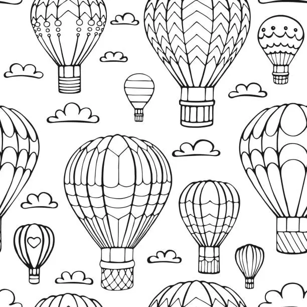 Vector illustration of Seamless pattern hot air balloon and cloud. Hand drawn outline doodle. Vector illustration.