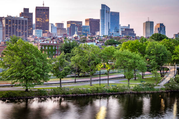 Boston in Massachusetts, USA at Sunrise View of the architecture of Boston in Massachusetts, USA at sunrise showcasing the mix of contemporary and historic buildings at Back Bay neighborhood. boston prudential building stock pictures, royalty-free photos & images