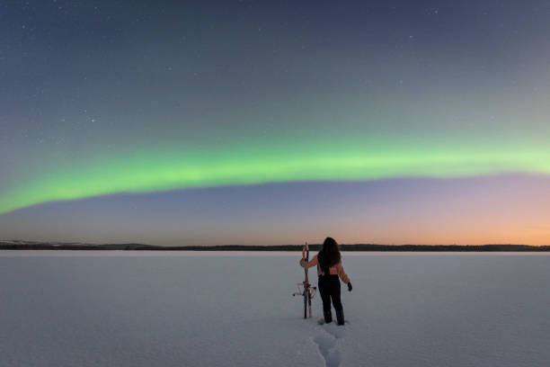 istock Female skier under northern lights 1496111364