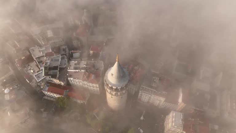 Galata Tower in the Fog Drone Video, Beyoglu Istanbul, Turkey (Turkiye)