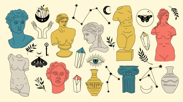 istock Greek ancient sculpture mystic set. Hand drawn illustrations of antique classic statues in trendy bohemian style. Boho tattoo art. Heads, branch, vase, column, hands, body, stars. 1496111607