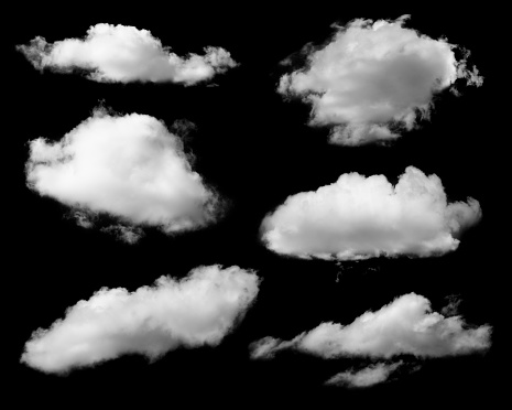 Set of  white clouds on black background. Ready to use with screen mode.