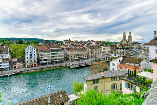 Scenic evening view of historic Zurich city center and river limmat , Switzerland