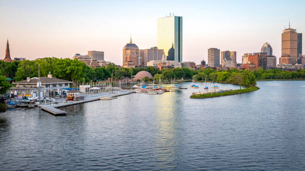Boston in Massachusetts, USA Boston, MA, USA - May 20, 2023: the city of Boston in Massachusetts, USA at Backbay with the Charles river and its mix of contemporary and historic buildings at sunrise. boston prudential building stock pictures, royalty-free photos & images