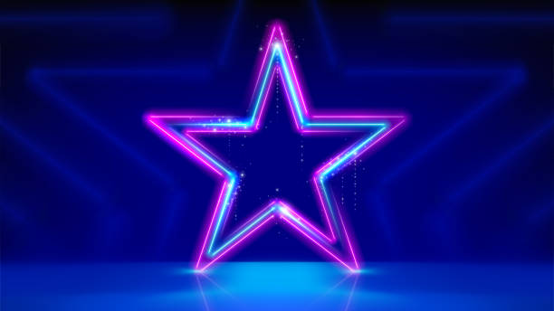 istock Neon stars, stage light, glowing led star. Background for awards ceremony. Stage. Pink blue purple sparkling neon star, led lines. Backdrop for displaying products. Vector illustration 1496113491