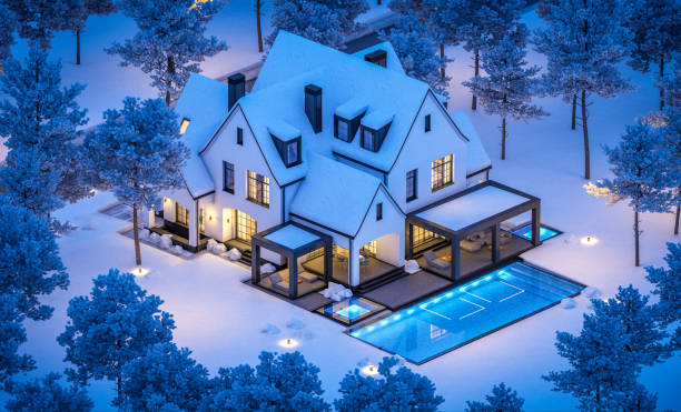 3d rendering of white and black modern tudor house in winter night - house residential structure non urban scene tudor style imagens e fotografias de stock